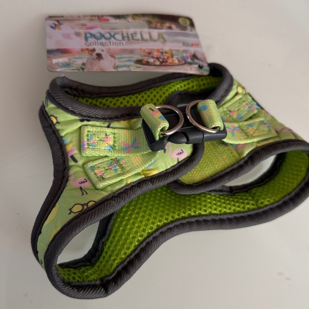 BNWT fouFIT Poochella Collection XS Dog Harness - lime w/ flamingos/pineapples